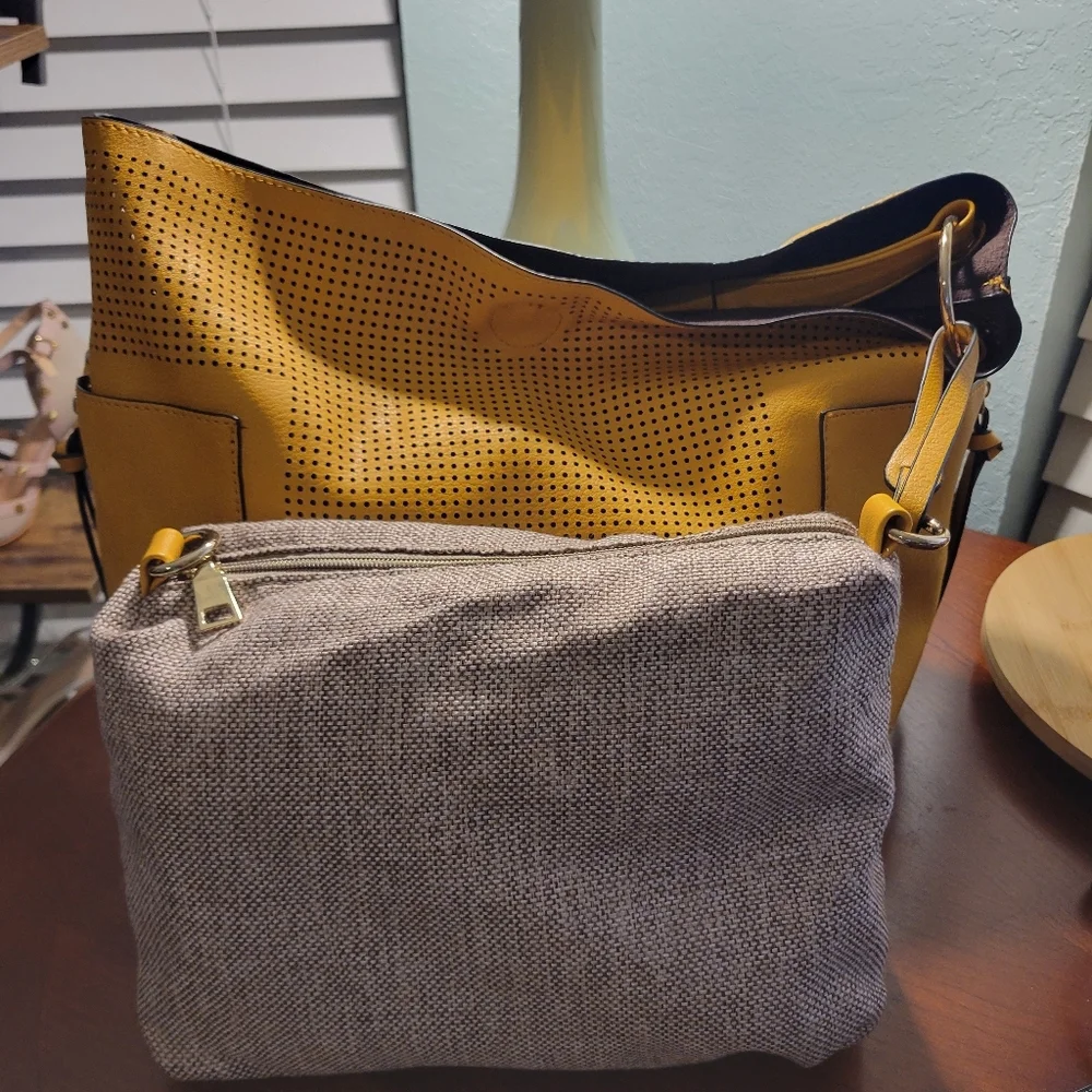 Le Miel Mustard Yellow Laser Cut Detail Hobo Handbag Set -EUC ✨️HOST PICK✨️